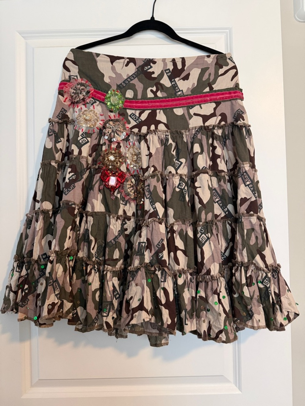 SPY Camouflage Tiered Skirt with Pink Trim and Floral Embellishments